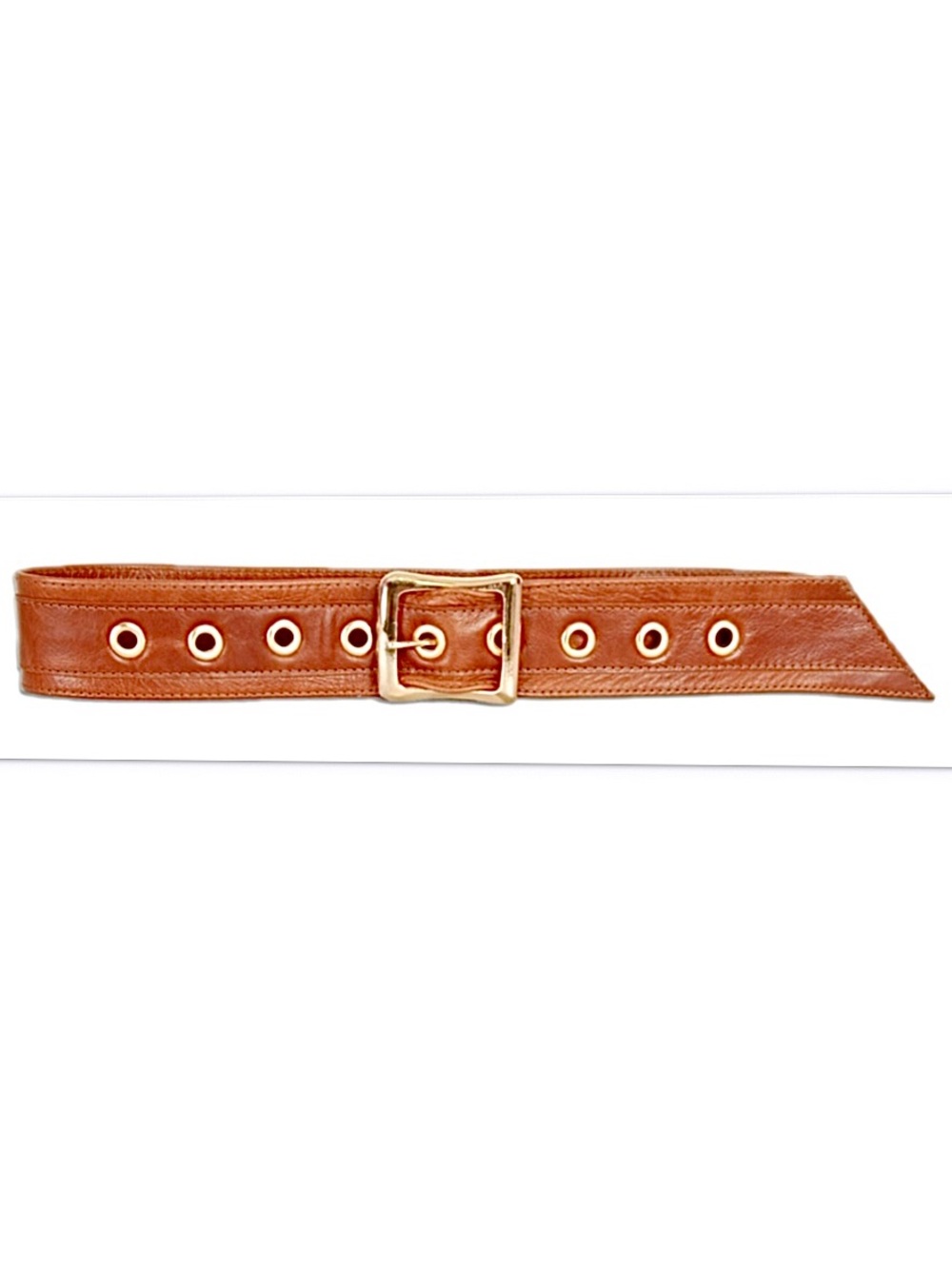 Designer Tan/Saddle Brown Leather Belt with Gold-Tone Buckle and Gold Eyelets